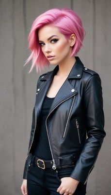 Fashionable young woman with pink hair in leather jacket