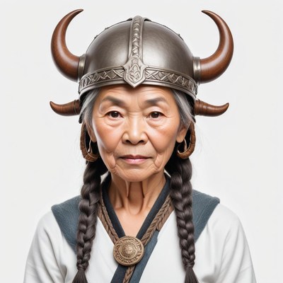 Elderly woman wearing a viking helmet with a calm expression