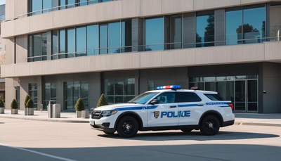 Police vehicle parked outside a modern building