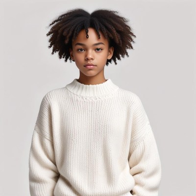 Young girl with curly hair in cozy sweater indoors