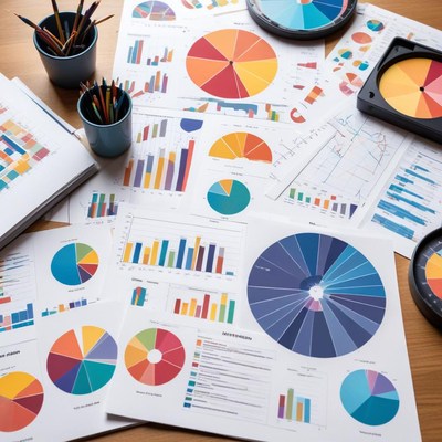 Data analysis charts and graphs spread on a table