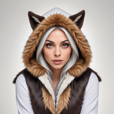 Woman wearing a furry hood with animal ears indoors