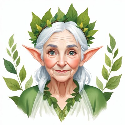 Elderly fairy with leafy crown and gentle smile