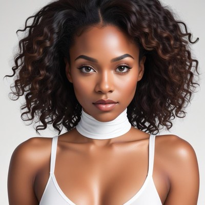 Confident woman with curly hair posing in a studio setting