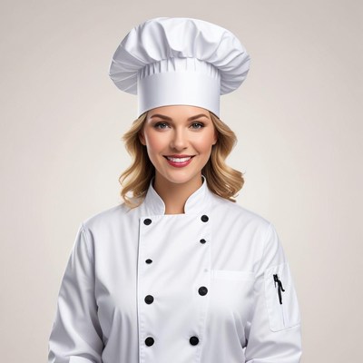 Chef in a white uniform smiles warmly at the camera