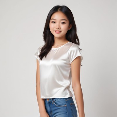Young girl posing in stylish light top and jeans