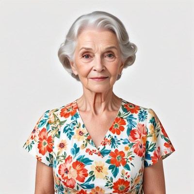 Senior woman in floral dress gazes confidently