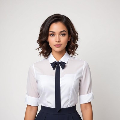 Professional woman in white blouse and navy skirt