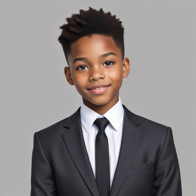 Young boy in a suit smiling against a neutral background