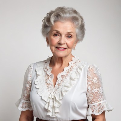Elegant elderly woman with gray hair in lace blouse