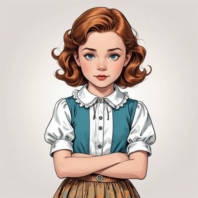Curly-haired girl in vintage outfit poses confidently