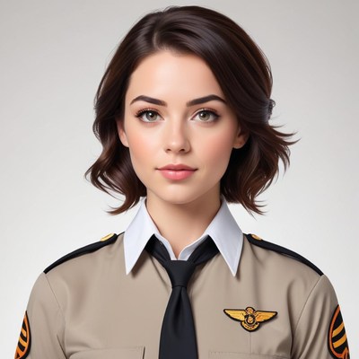 Young woman in uniform poses confidently for portrait
