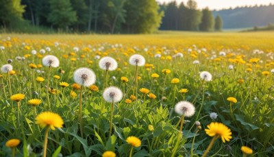 Dandelions and dandelion puffs in a sunny field