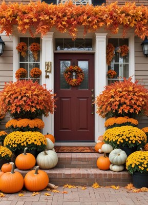 Fall decorations adorn a cozy home entrance