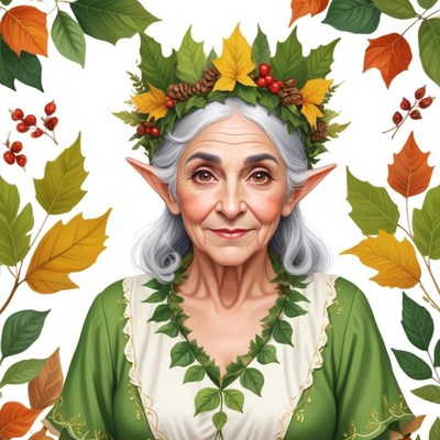 Elderly fairy surrounded by autumn leaves and berries