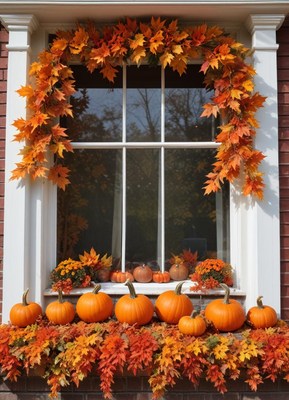 Autumn window display with pumpkins and colorful leaves