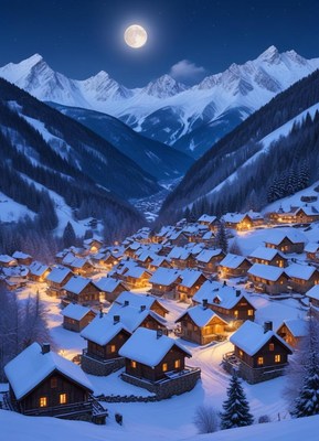 Snowy mountain village under a full moon at night