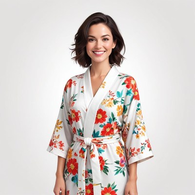 Woman wearing floral robe with a bright smile indoors