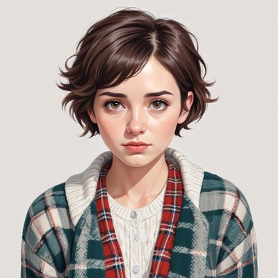 Short-haired woman in plaid sweater seems thoughtful