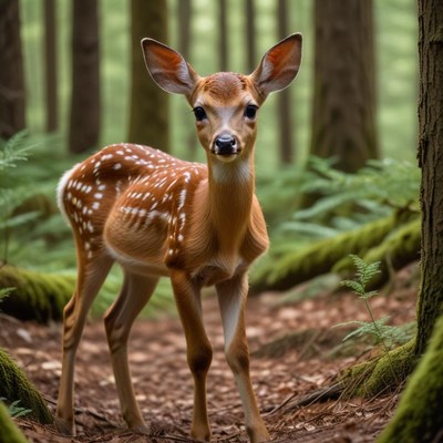 Young deer standing in a lush green forest at dawn