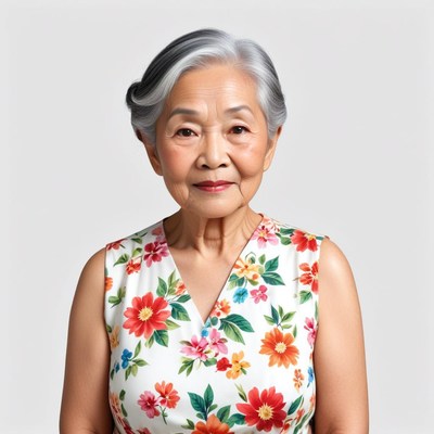 Elderly woman with gray hair wears a floral dress