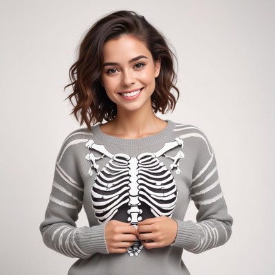 Young woman in a playful sweater with skeletal design