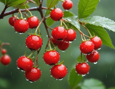 Red berries with raindrops on a wet green background