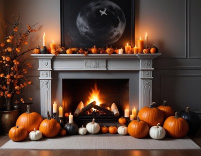 Cozy autumn fireplace decorated with pumpkins and candles