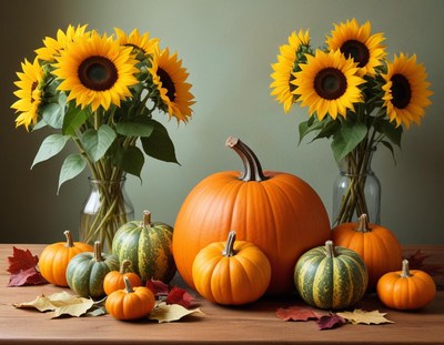 Vibrant autumn display with pumpkins and sunflowers
