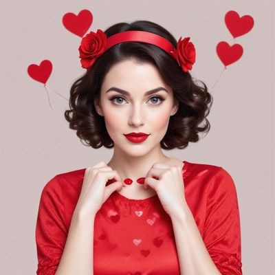 Woman in red dress with hearts in a playful fashion pose