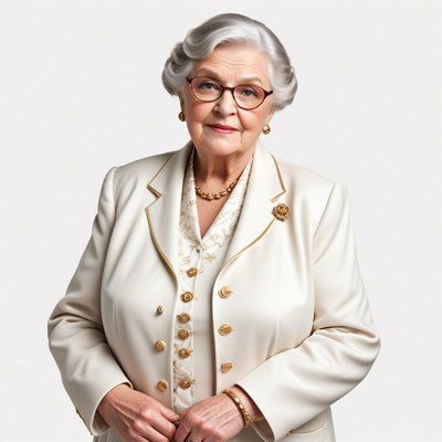 Elegant older woman in tailored white suit with accessories