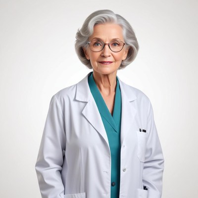 Experienced female doctor in a white coat smiling