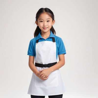 Child wearing a white apron smiles in a studio setting