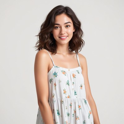 Smiling woman in floral dress with medium-length hair