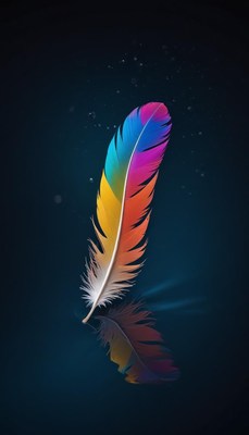 Colorful feather enhances dark background with reflection