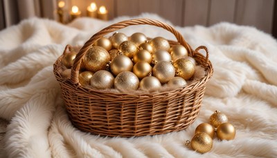 Gold christmas ornaments in a woven basket on a cozy blanket