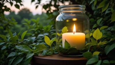 Candle glowing in a jar surrounded by green leaves