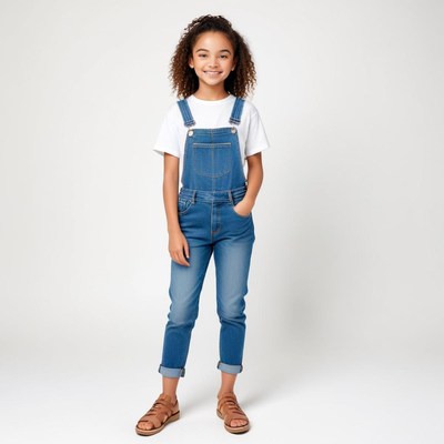 Young girl poses in stylish denim overalls