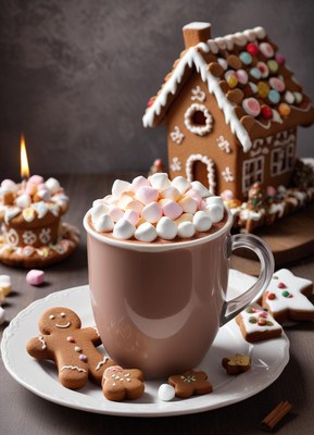 Warm gingerbread house with hot chocolate and sweets