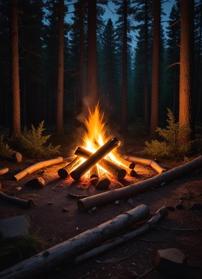 Campfire glowing in the dark forest at night
