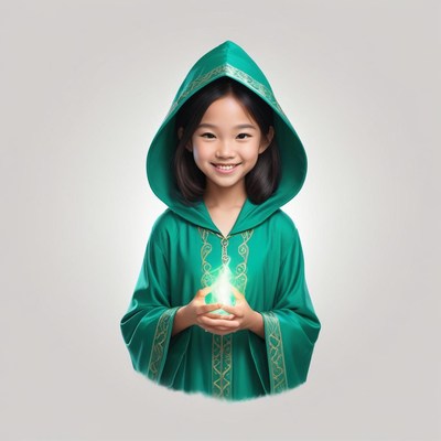 Young girl in green robe holding glowing orb in studio