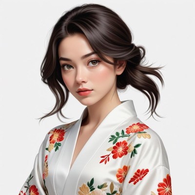 Woman in traditional embroidered kimono posing with elegance