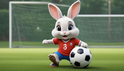 Playful rabbit character enjoys soccer on the field