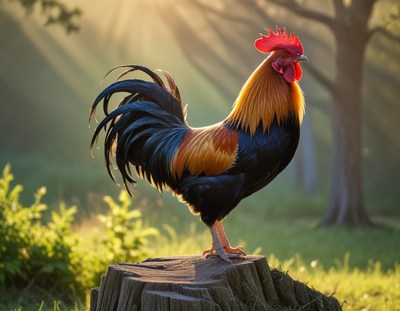 Colorful rooster standing tall on a log during sunrise