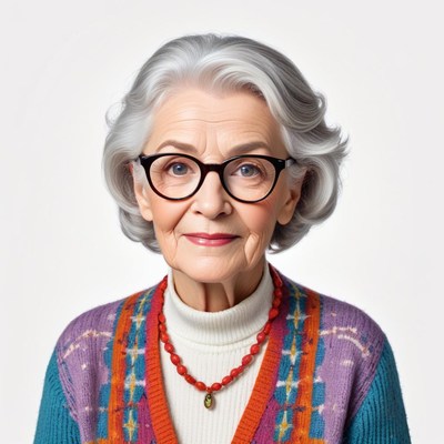Elderly woman with gray hair and glasses poses confidently