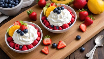 Delicious fruit bowls with whipped cream and berries