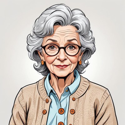 Elderly woman with grey hair and glasses smiling softly