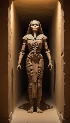 Mummy sculpture in ancient egyptian tomb setting