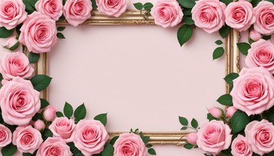 Pink roses in a gold frame on a pastel backdrop