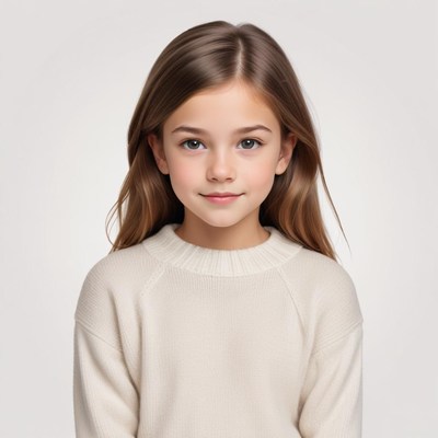 Young girl with long hair in light sweater poses softly